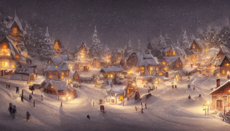 Prompt: Digital painting of a Nordic village decorated with lights built inside a snowy mountain, hyperdetailed, artstation, cgsociety, 8k