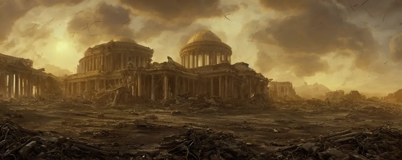 Image similar to A beautiful hyper realistic detailed matte painting of the destroyed Capitolium after nuclear bomb | post-apocalyptic landscape at early sunrise | a lot of debris and burned bushes and trees | by John Howe and Andreas Rocha and Martin Johnson Heade and Albert Bierstadt, Fallout style | unreal engine, trending on artstation, golden ratio, rectilinear