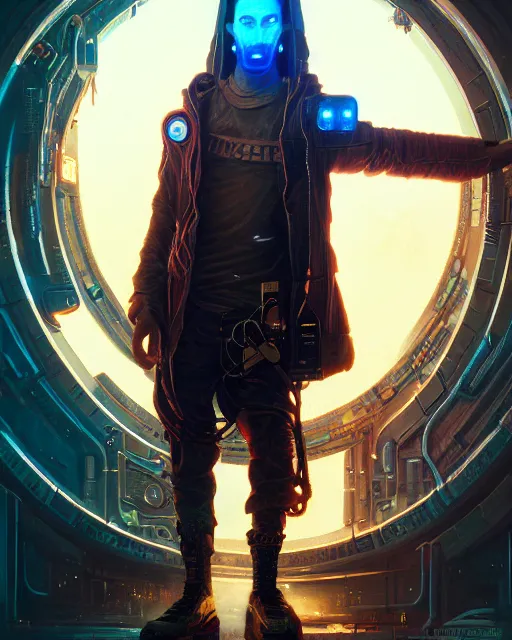 Image similar to a highly detailed portrait of a cyberpunk hacker, steampunk stargate by greg rutkowski and android jones in a surreal portrait style, oil on canvas, ancient cyberpunk 8k resolution, masterpiece