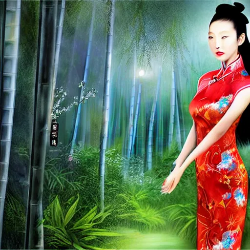 Prompt: photorealistic dramatic fantasy digital painting of a beautiful chinese woman wearing a qipao who is partially transforming into a werepanda, in the moonlit bamboo forest at night. physiological transformation ; hybrid creature that is half panda and half human. highly - detailed professional art.