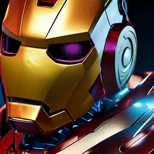 Image similar to majoras mask as an iron man suit, intricate, hyper detailed, realistic, cinematic lighting, ultrarealistic raytracing, vray, 5 5 mm