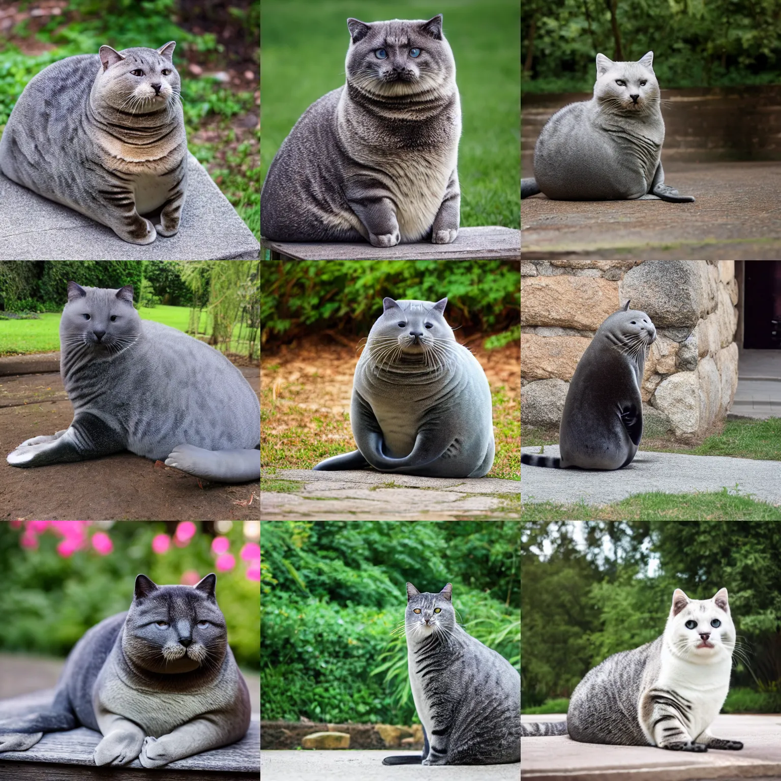 Prompt: full body view of a massive Chonker Cat sitting outdoors, professional photo, beautiful cat feet, ((((((((((((seal like figure)))))))))))), XF IQ4, 150MP, 50mm, F1.4, ISO 200, 1/160s, natural light