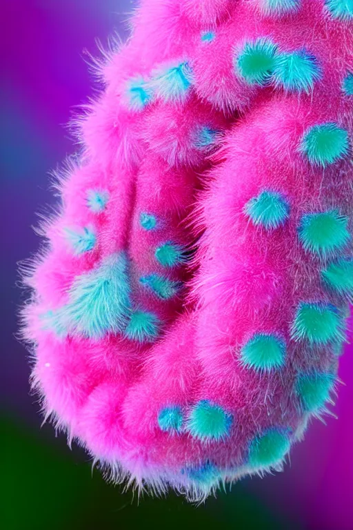 Prompt: high quality close-up photo pearlescent fluffy caterpillar! gorgeous highly detailed hannah yata elson peter cinematic pink lighting high quality low angle hd 8k sharp shallow depth of field