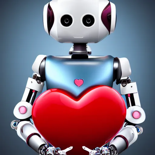 Prompt: a cute robot holding heart balloons photorealistic