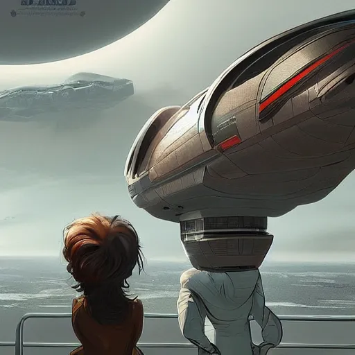 Image similar to couple looking at huge spaceship that leaving planet, based on artstation style Ed Laag