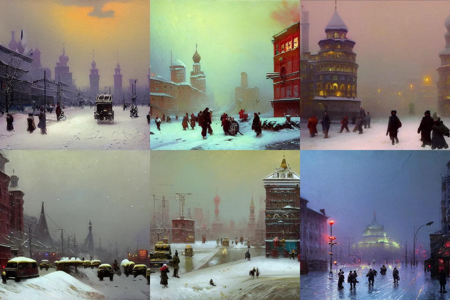 Prompt: Russian cyberpunk city in spring with snow and mud, in the style of Aivazovsky