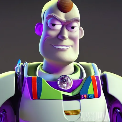 Image similar to donald trump as buzz lightyear full body detailed, ethereal, cyborg biomechanics, covered in blood diamonds and other gems glowing, highly detailed face, evil posed, evil expression, intricate, extremy detailed, beeple, cgsociety, 3 d unreal engine octane render. cinematic lighting, highly detailed 4 k art