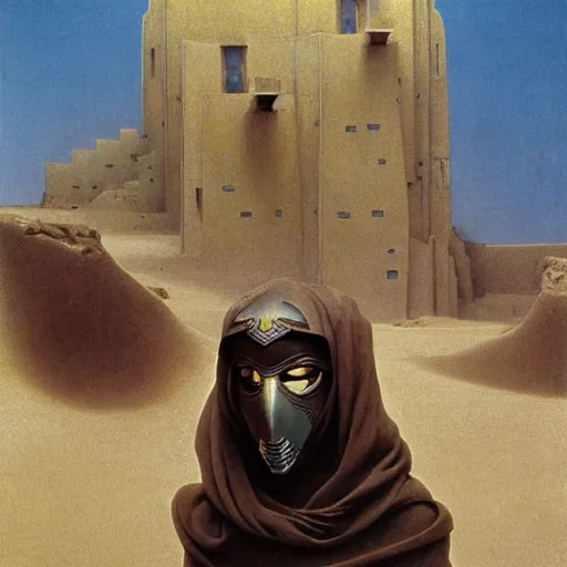 Prompt: portrait of masked Atreides Dune Dynasty on the art deco streets of the Giedi Prime during the Festival of Masks, award-winning realistic sci-fi concept art by Beksinski, Bruegel, Greg Rutkowski, Alphonse Mucha, and Yoshitaka Amano