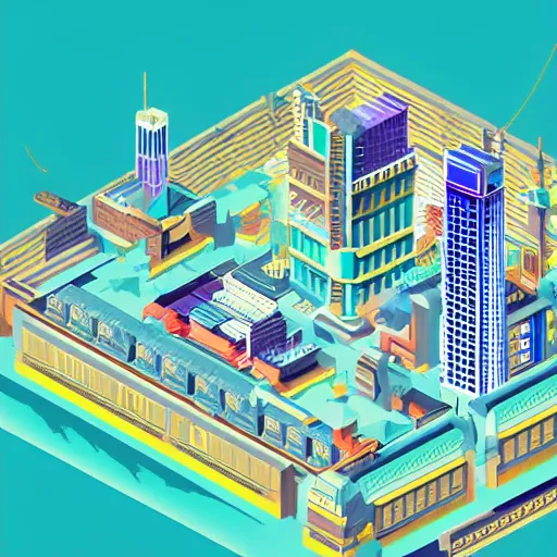 Image similar to isometric view of a cyberpunk city, samurai viewing the city from a rooftop, vaporwave skyline