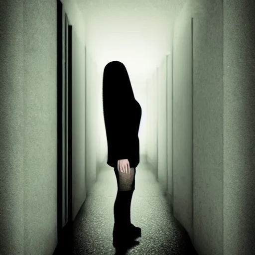 Image similar to a creepy woman wearing all black, standing in a dark hallway, eerie room, melancholic, dreary, horror, scary, glows, dark lighting, ambient lights, cinematic lighting, sinister, digital art,