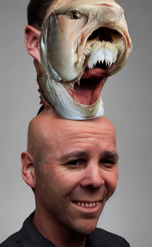 Image similar to human with a realistic fish head instead of their head!