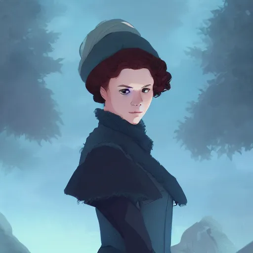 Image similar to portrait of claire fraser from outlander, scottish highlands landscape, ambient lighting, 4k, anime key visual, lois van baarle, ilya kuvshinov, rossdraws, artstation