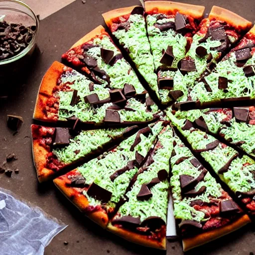 Prompt: marijuana pizza drizzled with chocolate