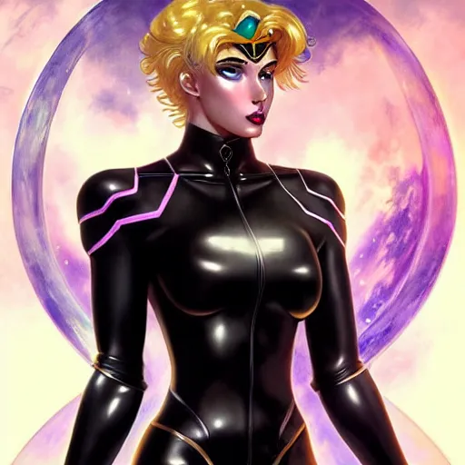 Prompt: genetically augmented super soldier Sailor Moon as a male, pale skin curly blond hair, black latex bodysuit with glowing cybernetics, fantasy, intricate, elegant, highly detailed, digital painting, artstation, concept art, matte, sharp focus, illustration, art by Artgerm and Greg Rutkowski and Alphonse Mucha