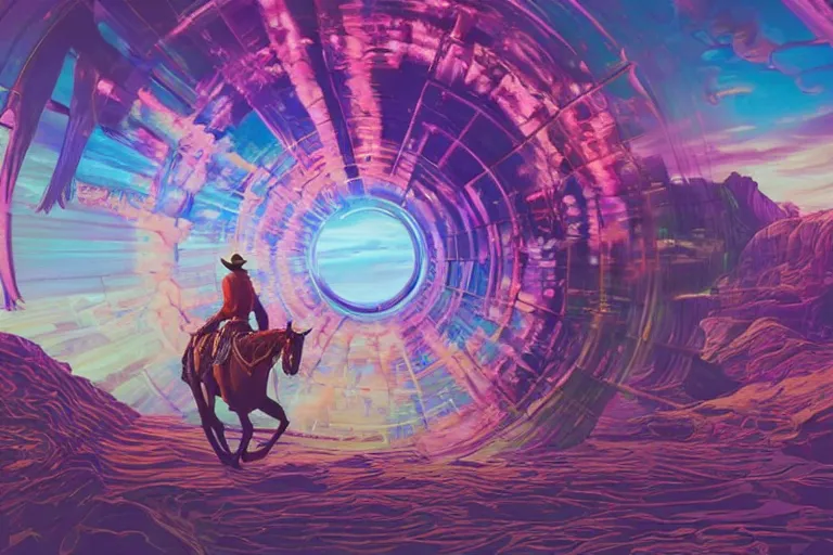 Image similar to an old western cowboy opening a portal to another dimension, psychedelic, vaporwave, synthwave, retro, digital art, acrylic, detailed,