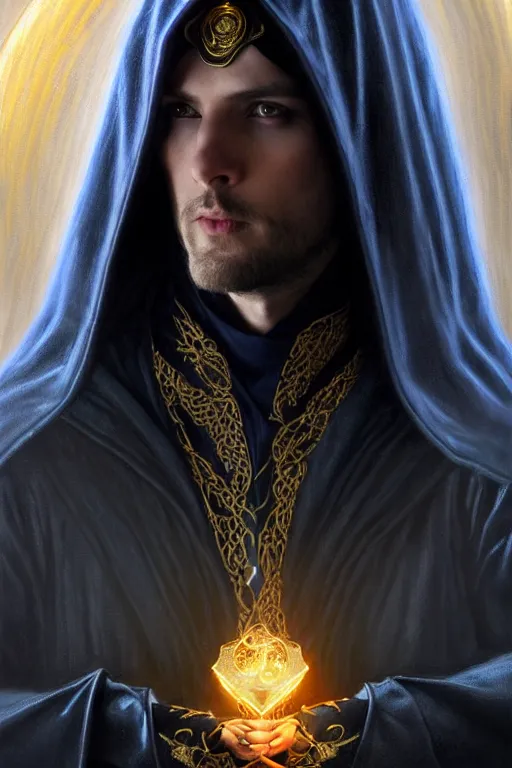 Image similar to handsome mage casting a spell, long black hair blue eyes wearing leather mantle gothic navy cloak with gold details, castle town, fantasy character portrait, ultra realistic, intricate, elegant, cinematic lighting, highly detailed, digital painting, artstation, smooth, sharp, focus, illustration, art by artgerm and greg rutkowski and alphonse mucha