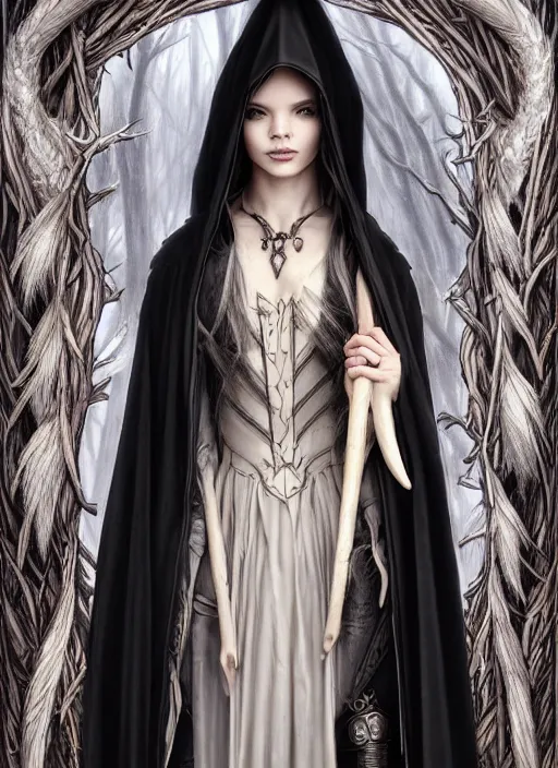 Prompt: mystical gothic mage hades blonde braided hair dove cameron, mountain, heavy cloak, bone armor, black leather accents, cloth jerkin, dead forest, fantasy character portrait, ultra realistic, intricate, elegant, highly detailed, digital painting, artstaion, smooth, sharp, focus, illustration, art by artgerm and greg rutkowski and alphonse mucha