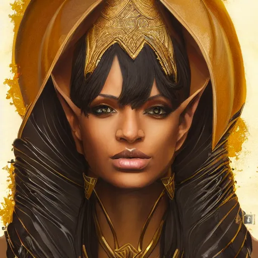 Prompt: Portrait of a tall brown-skin elf woman wearing stylish black and gold robes, intricate, elegant, highly detailed, digital painting, smooth, sharp focus, artstation, graphic novel, art by stanley artgerm and greg rutkowski and peter mohrbacher,