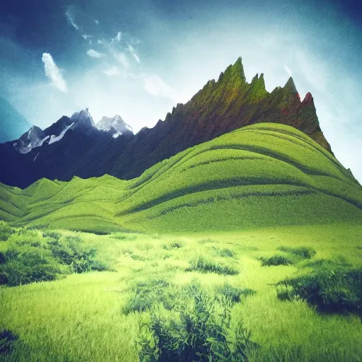 Prompt: a strange landscape with a green sky. there are towering mountains and strange plants.