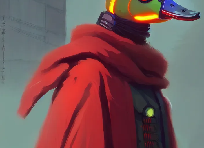 Image similar to cyberpunk mallard duck wearing red cultist robe, details, futuristic, epic, sacrificial altar, landscape illustration concept art anime key visual trending pixiv fanbox by wlop and greg rutkowski and makoto shinkai and studio ghibli and kyoto animation symmetrical facial features