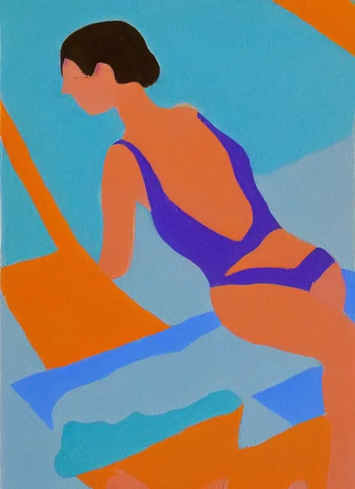 Image similar to a girl, in retro swimsuit, lying by the pool, 7 0 - s, minimalist oil painting by etel adnan flat colors, beautiful lightning, sharp