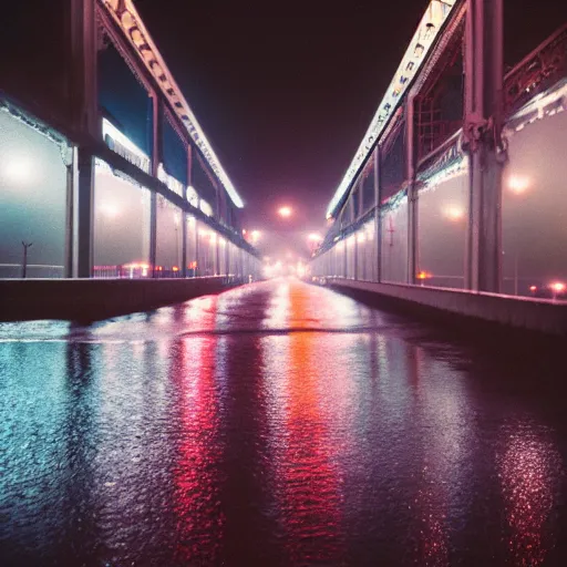 Prompt: bridge of san francicso photography,night,rain,mist, cinestill 800t, in the style of William eggleston