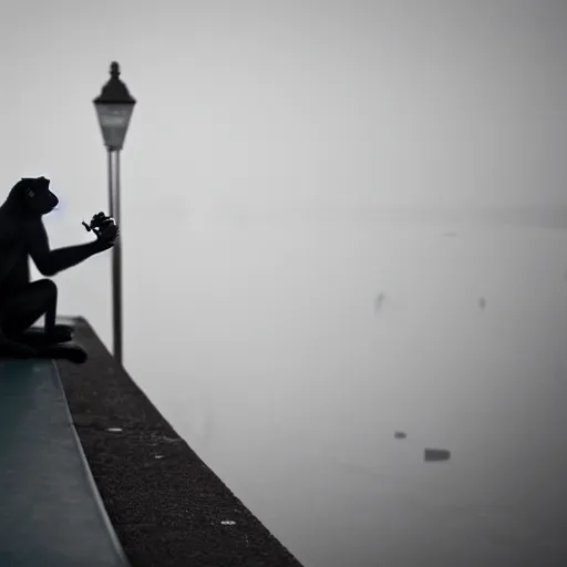 Image similar to contre - jour photo of a monkey smoking a cigarette on a bridge at night under rain, lightened by street lamps, award winning photography