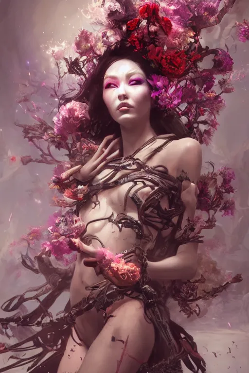 Image similar to beautiful girl necromancer, witch - doctor exploding into flowers, angels, 3 d render, hyper - realistic detailed portrait, ornaments in background, holding electricity and birds, ruan jia, wlop. scifi, fantasy, hyper detailed, octane render, concept art, peter mohrbacher