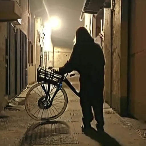 Image similar to cctv footage of jesuscrist stealing a bike in the middle of the night in an alley