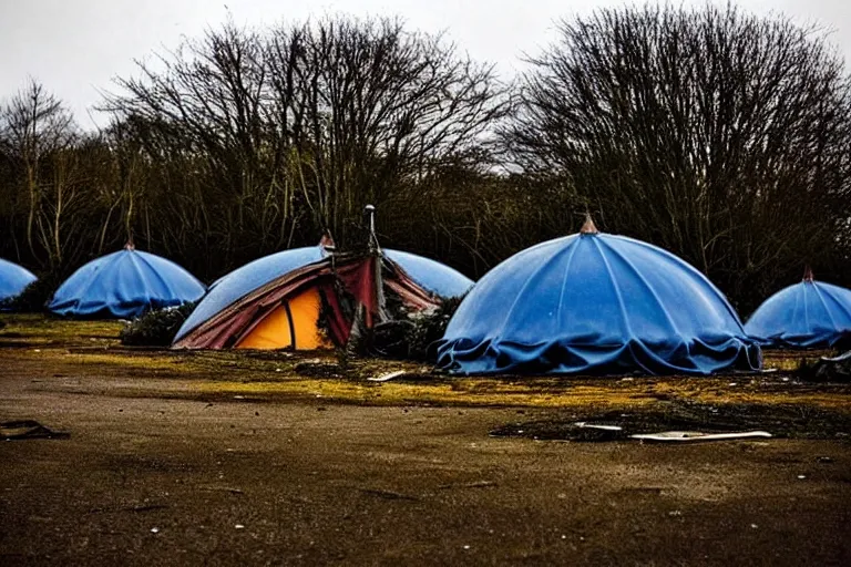 Prompt: post apocalyptic over grown leisure centre being used as shelter, night!!!!, barrel fires and tents, low light