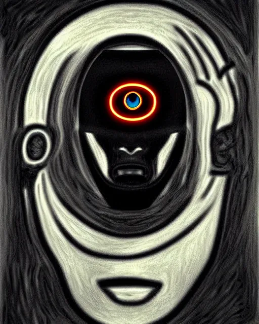 Prompt: scary portrait of a female robot with glowing eyes, similar to the scream drawing by Edvard Munch