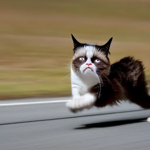 Image similar to photo of hyperspeed flying through outer space, grumpy cat running fast with motion blur