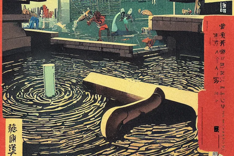 Prompt: 1 9 7 9 omni cover of a sewer pipe near spewing fish and trash into a moat in tokyo. entire background is a wall. art in cyberpunk style by dali, and vincent di fate