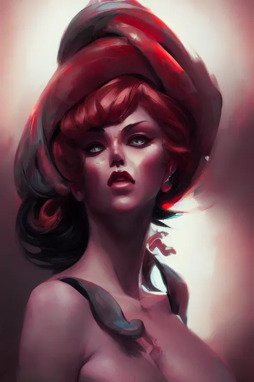 Prompt: closeup portrait noir femme fatale by sabbas apterus and james jean, warm saturated colors, concept art, beautiful composition, digital painting, trending on artstation