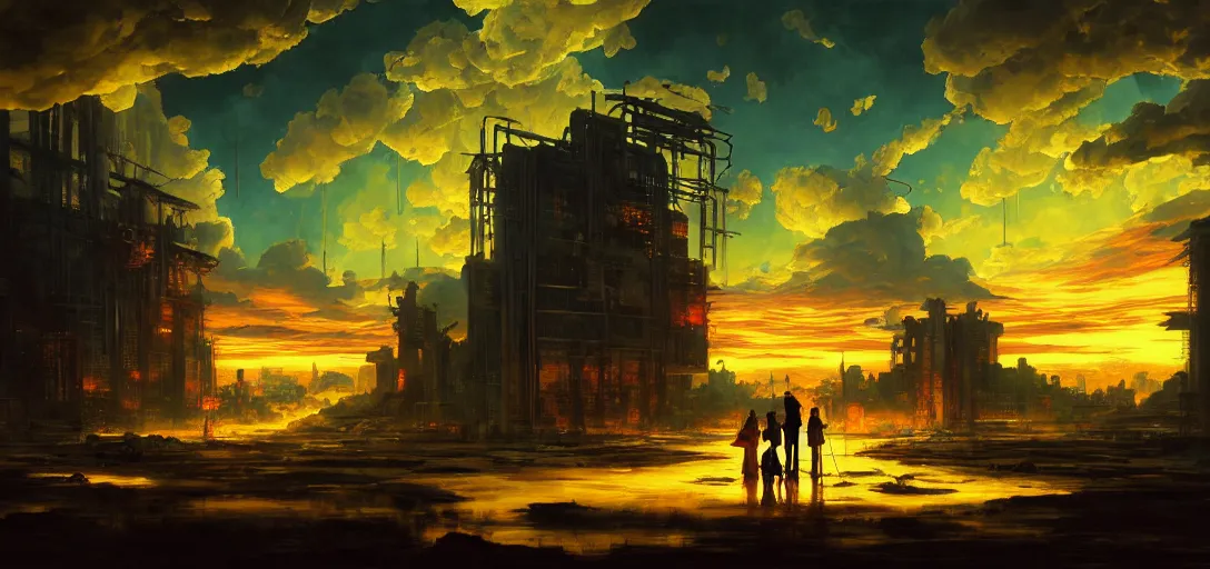 Image similar to baroque oil painting of anime key visual environment of a hell in a cyberpunk world, brutalist, dark fantasy, sunset, rule of thirds, digital cel shading, fake hidden detail, trending on pixiv fanbox, style of makoto shinkai studio ghibli jamie wyeth james gilleard greg rutkowski