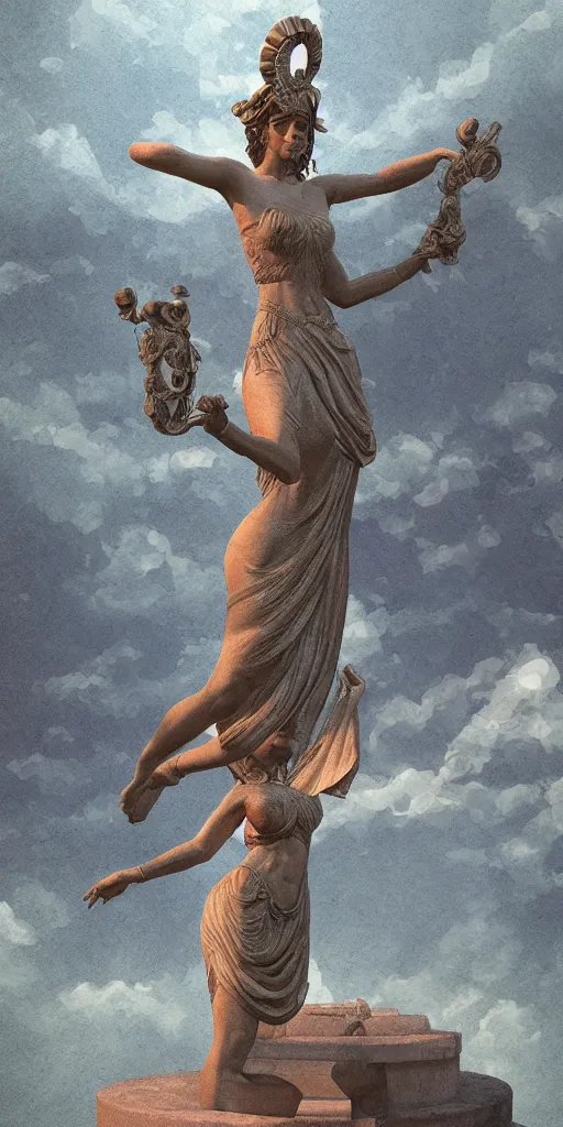 Prompt: a statue of a greek goddess dancing next to a temple in a standing pose with arms in position 1, digital illustration, trending on artstation, by anato finnstark and makoto shinkai