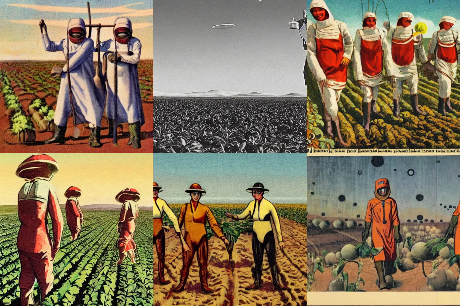 Prompt: An image in a magazine depicting farmers growing crops on mars in traditional farmers outfits, 1920s speculative futurism, distant shot