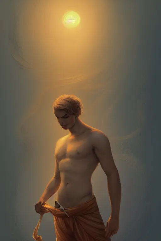 Prompt: male sandman with dream sand pouch, waking up from the bed , sunrise coloring the room,fantasy, intricate, elegant, highly detailed, digital painting, artstation, concept art, smooth, sharp focus, illustration, art by Ilja Repin