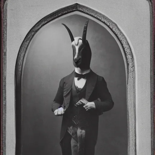 Image similar to Photo of a goat-headed victorian-style magician in a dimly lit room of a gothic castle