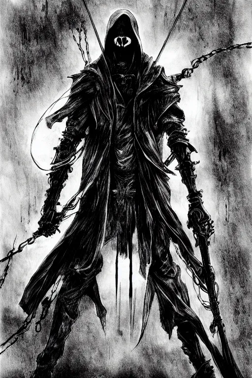 Prompt: the grim reaper, monochrome, dramatic, deviantart, by tsutomu nihei