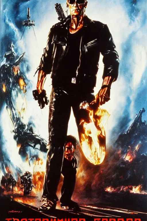 Prompt: Movie poster of Terminator 2, Highly Detailed, Dramatic, A master piece of storytelling, by frank frazetta, ilya repin, 8k, hd, high resolution print