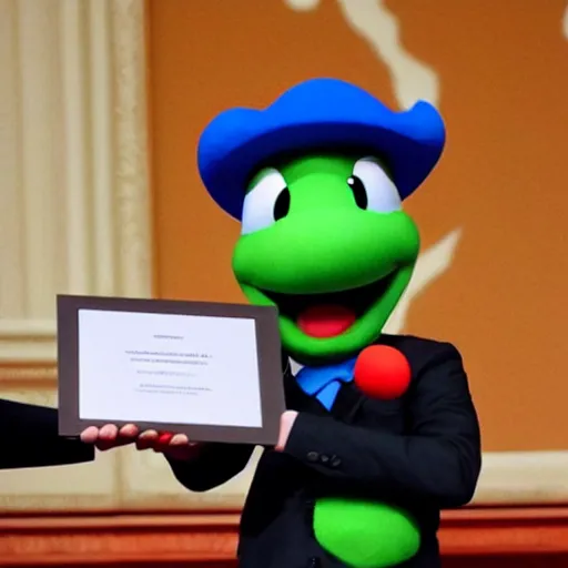 Prompt: photo of video game yoshi accepting nobel prize, highly detailed