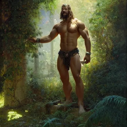 Prompt: handsome portrait of a spartan guy bodybuilder posing, translucence, radiant light, lush surroundings, by gaston bussiere, bayard wu, greg rutkowski, giger, maxim verehin