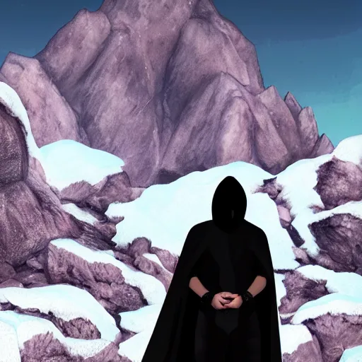 Image similar to a realistic full body of Konnor, a dragonblood, a black hood with black robes, extremely realistic and detailed, standing in front of a mountain