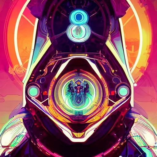 Prompt: symmetry, abstract futuristic robotic, psychedelic background, apex legends, epic lighting, illustration black outlining, ultra detailed, art by artgerm and greg rutkowski and alphonse mucha