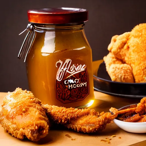 Prompt: chicken honey, honey with fried chicken floating inside the jar, we make our honey fresh with batches of chicken, food product promo, studio photography