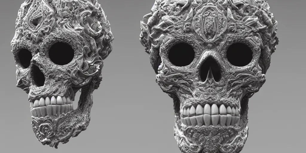 Image similar to curly gothic baroque tiki skull head , intricate ornate marble carving, white background, sculpture, hyper-realistic, micro details, focused, dramatic, sophisticated, soft surface, professional photography, overhead dramatic light, medium-shot, 3d art, artstation, CGsociety, 3d render, environmental key art, octane render, weta digital, 3d sculpture, structure, render in octane, unreal engine, ray trace 4k, cinematic ,dynamic light, amazing details, beautiful ,