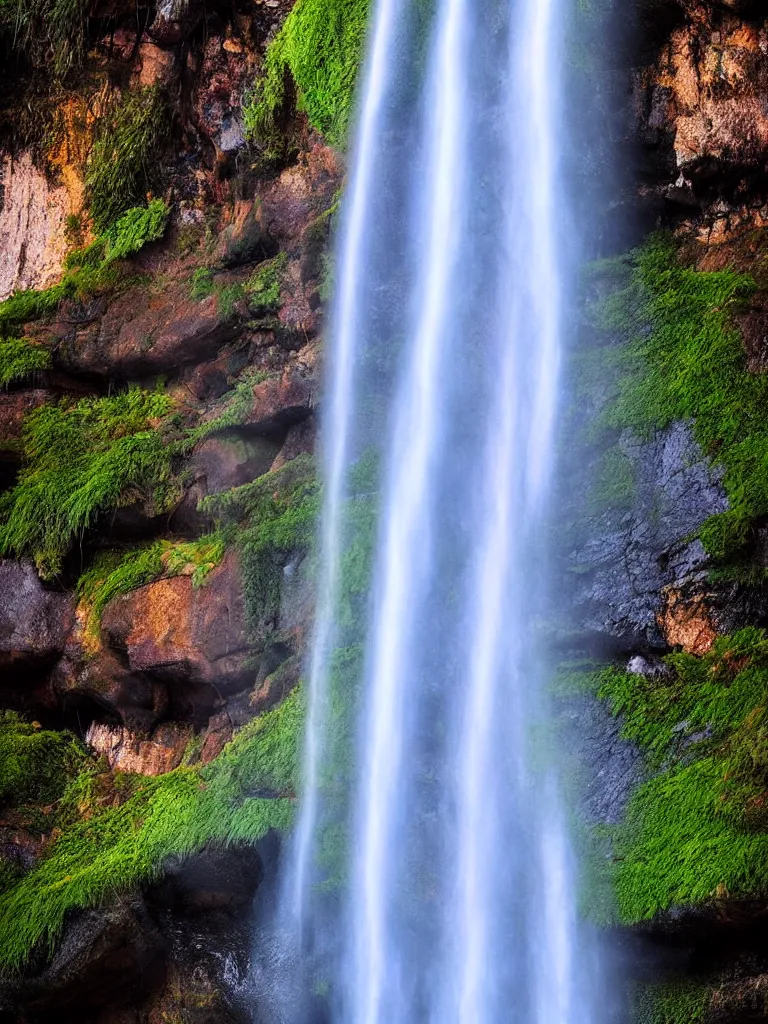 Image similar to poster art of waterfall cascading onto rocks, small rainbow emerging in background, ethereal, beautiful scenery, intricately meticulously detailed, amazing, glitter, 8 k render octane high definition