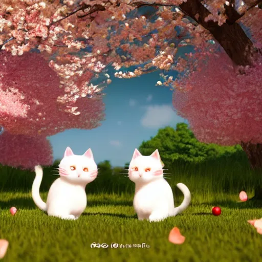 Prompt: cute peach and goma cats playing in a serene cherry blossom garden with butterflies, octane render, anime, art station, 8 k, mochi art