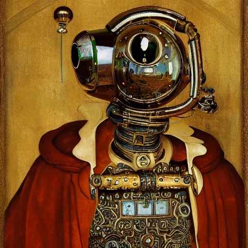 Image similar to a portrait of a shiny metallic renaissance steampunk robot, in the style of Jan van Eyck,